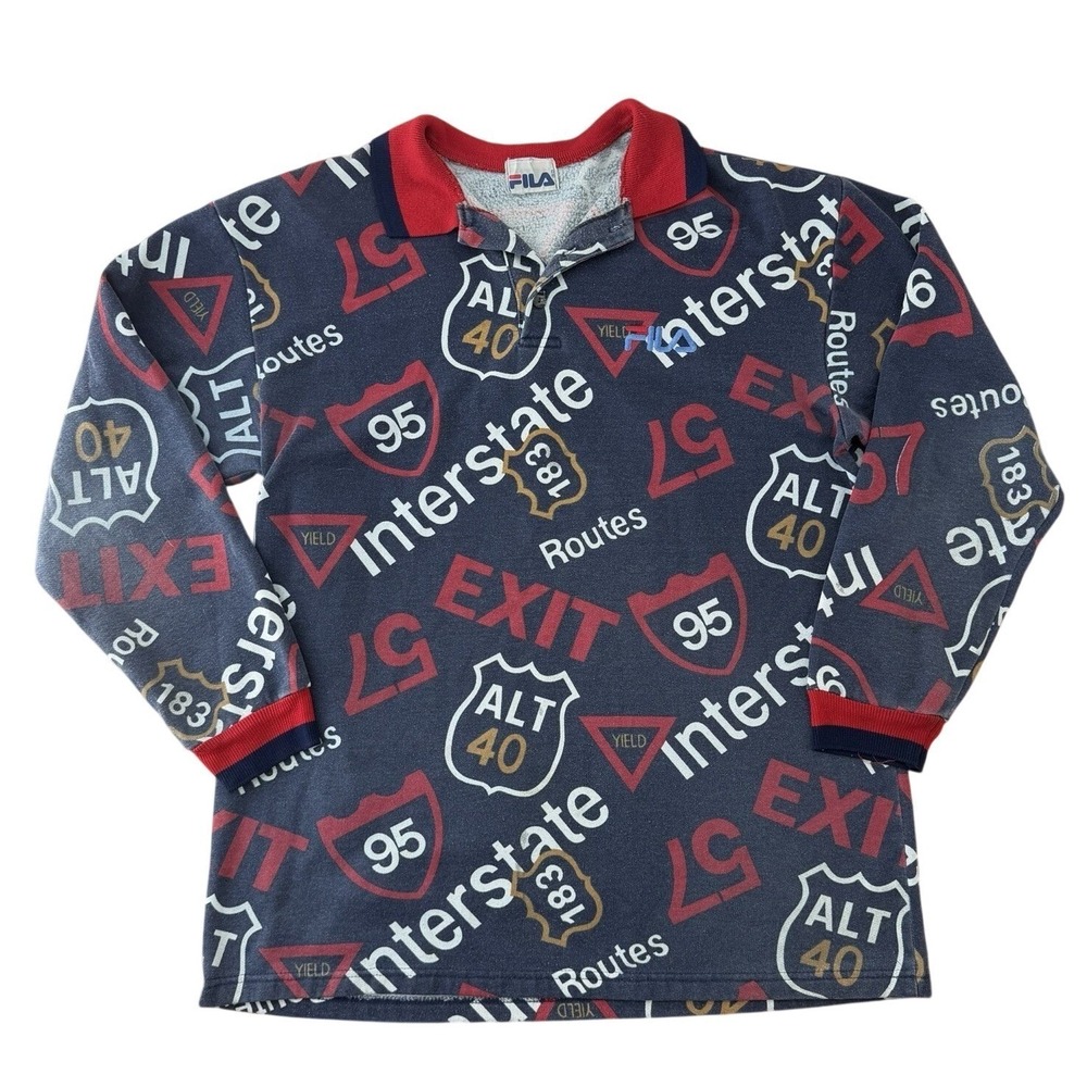 VTG FILA All Over Print Polo Shirt XL‎ Interstate Highway Signs 90s Streetwear
